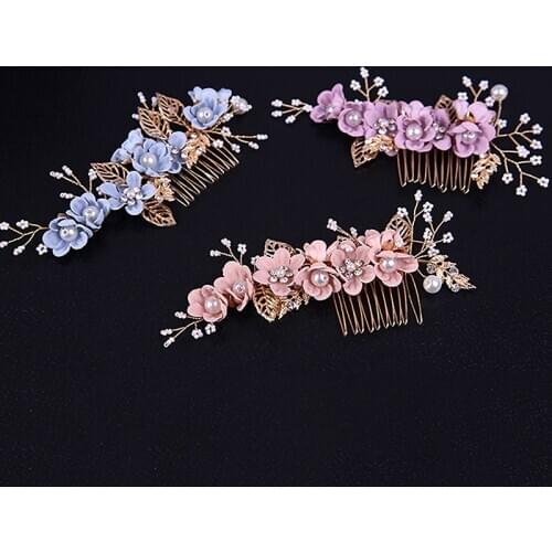 Handmade Purple Pink Blue Flower Bridal Hair Comb Leaf Pearls And Crystal Headpieces For Bride Women Wedding Hair Accessories