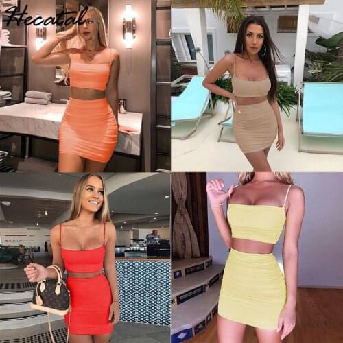 Heeatal 2021 Summer Sexy Camisole Pleated Hip Skirt Two-piece Suit Sexy & Club Plus Size Women Clothing Sling Top Hip Skirt