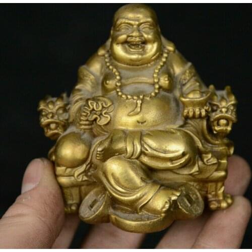 Chinese Buddhism Bronze Sit Dragon Chair Happy Laugh Maitreya Buddha Coin Statue Statues for Decoration Collection Ornaments