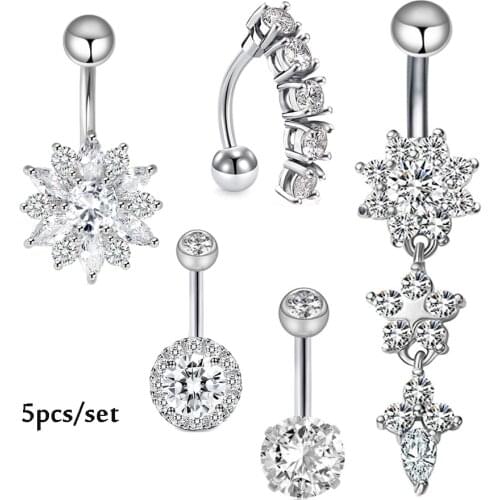 5PCS Crystal Butterfly Belly Button Piercing 14G Surgical Steel Sunflower Belly Piercing Ring Dangle Rose Gold Navel Piercing