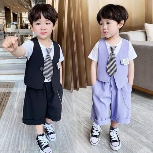 2-8 Y Toddler Boys Clothing Sets Kids New Fashion Sleeveless Blazer Suits Korean V Neck Vest Loose Shorts Baby 2pcs Set for Boy