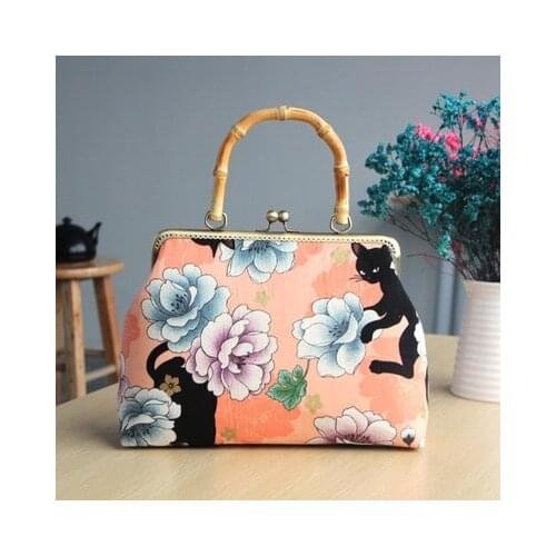 Cat& flower Print Cotton Canvas Fabric Purse Gold Frame Clutch Bags Material Kit with Clasp lock for Mother Closure Handbags