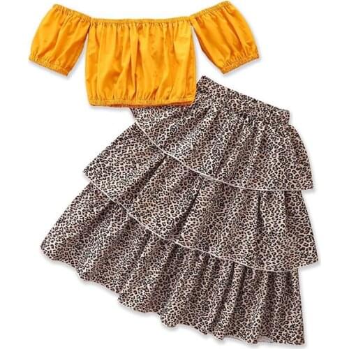Summer Girls' Clothing Sets One-shoulder Top+Leopard Print Cake Skirt Outfits Baby Kids Children Clothing Western Style 1-6Y