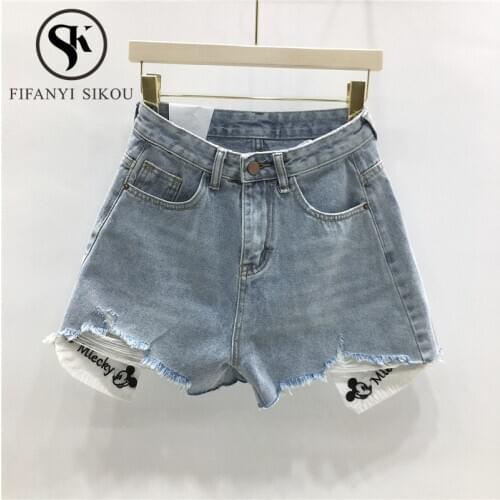 Summer Women High waist Denim Shorts Pocket Cartoon Embroidery Fashion Jeans Shorts Female Loose Wide leg Short Pants Jeans