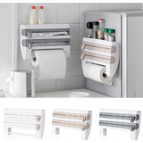 Multifunction Kitchen Mounted Storage Rack Cling Film Tin Foil Cutter Dispenser Toilet Paper Holder Towel Rack Shelf Wall Holder