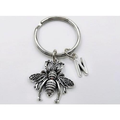 Fashion Key Ring Metal Key Chain Personalized letter A-Z Keychain Jewelry Gift Antique Silver Plated Bee 27mm Pendant