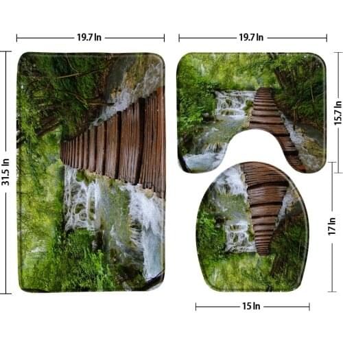 Green Forest Waterfall Wooden Trestle Bath Mat Set Scenery Non-Slip 3 Piece Bathroom Decor Set Rug Toilet Cover Lid U-Shaped Pad