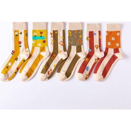 3 pairs womens socks autumn winter ab trend flower symbol mid calf kawaii cartoon casual high quality combed cotton sock female