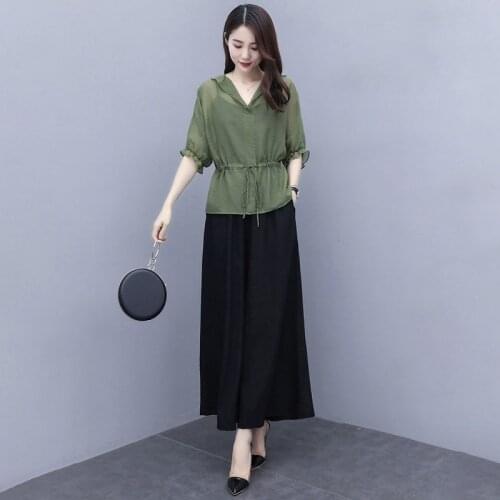 Summer 2 Two Piece Sets Women Plus Size Green Short Sleeve Top + High Waisted Wide Leg Pants Suits Korean Womens Set Femme Y117