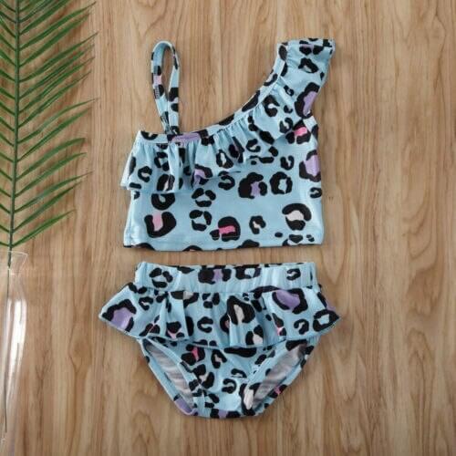 2021 New Baby Girls Summer 2Pcs Swimwear Sets Kids Sleeveless Ruffle Leopard Print Bathing Suit Tops+Leopard Print Shorts Suits