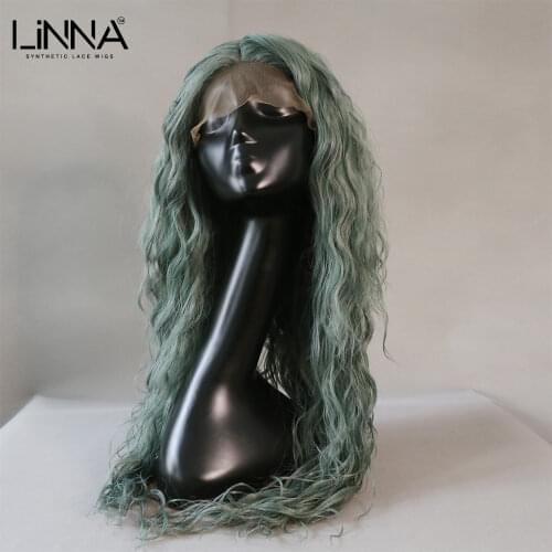 LINNA Synthetic Lace Wigs For Women Long Deep Natural Wave Cosplay Wigs 26 Inch Hair High Temperature Fiber Pink Green Wig