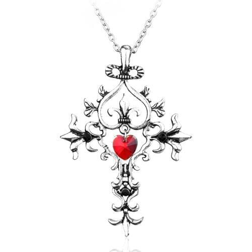 The Vampire Diaries Necklace cross Sacred Heart Red Crystal Pendants&Necklace long chain Necklace Collier(DROP SHIPPING)