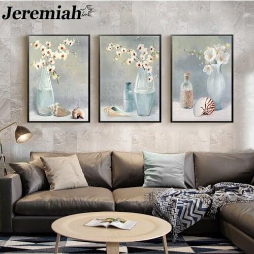 Nordic Retro Flower Canvas Poster Classical Conch Vase Painting Wall Art Modern Aesthetic Home Room Decoration Accessories