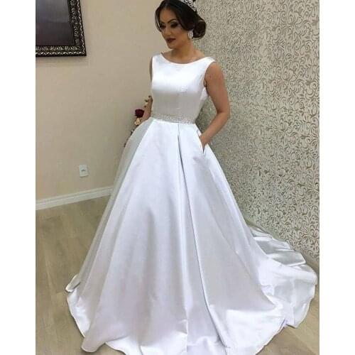 A-line Wedding Dresses Satin Bridal Gowns Scoop Neck Tank Elegant Women Marriage Dress Beaded Waistline backless Vestido Simples