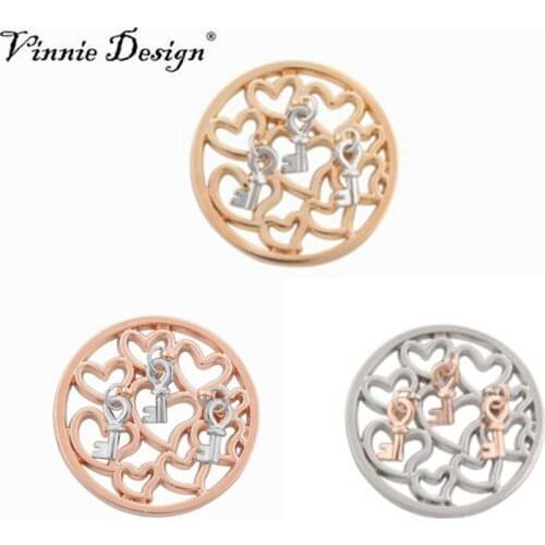 Vinnie Design Jewelry 33mm Multi Hearts with Key Dangle Coin Disc for 35mm Frame Pendant Coin Holder 5pcs/lot