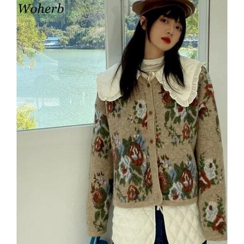 Woherb Knit Cardigan Women Fashion Floral Sweater Coat Outwear 2021 Autumn Winter Harajuku Korean Sweaters Female Jumper