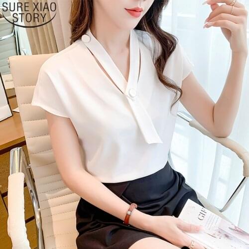 Office Lady New V-neck Chiffon Shirt Summer Solid White Blouse 2021 Elegant Short Sleeve Top Women Clothing Blusa Mujer 15567