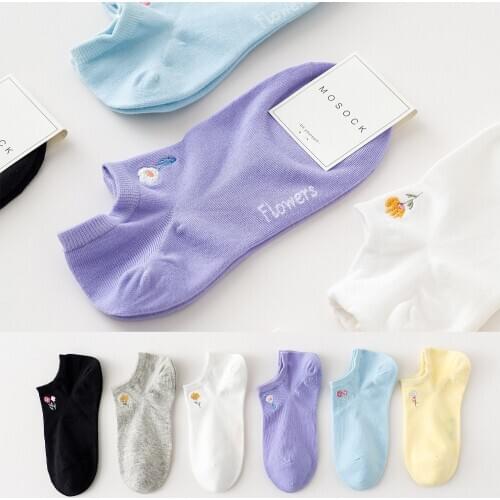 Spring Summer New Womens Boat Socks Small Flower Embroidery Sweet Japanese Style Ins Wind Thin Cotton Socks