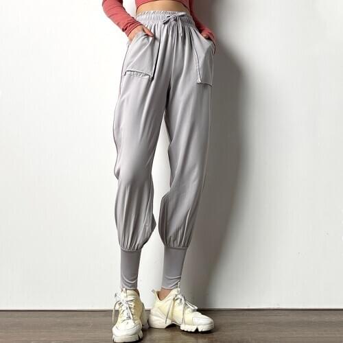 2021 Women Gym Loose Fitness Pants Tie Feet Dance Yoga Trousers Pocket Workout Running Sports Harem Pants Quick Dry Sports Wear