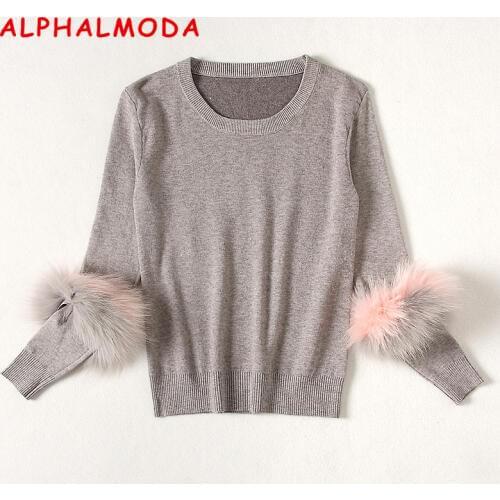 ALPHALMODA Real Fur Sleeve Women Winter Fashion Sweater Pullovers Ladies Elegant Fall Knitting Clothes Tops