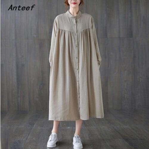 Anteef long sleeve oversized vintage stripe dresses for women casual loose spring autumn shirt dress elegant clothing 2021