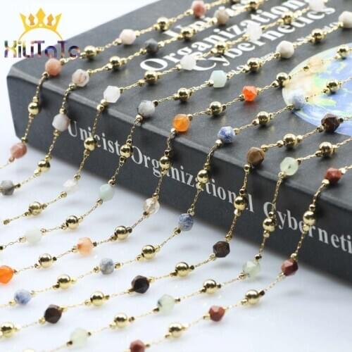 1 Meter 6*6mm Natural Stone Beaded Chains Gold Wire Wrapped Rosary Chain For Bracelet Anklet Making DIY Jewelry Findings