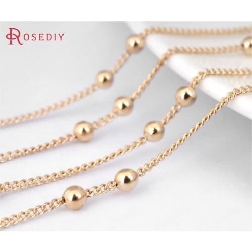 27662)5 meters 1.2MM Beads 3MM Champagne Gold Connect 2 Beads Copper Station Ball Chains Necklace Chains Jewelry Accessories