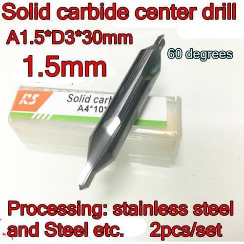 A1.5*3*30mm 2pcs/set 60 degrees Solid carbide center drill Processing material quenching hardness 40-50 degrees Free shipping