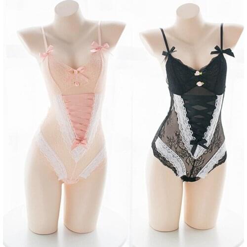 Anime Girls Cosplay Costume Sweet Women Floral Lace Crotchless Bodysuit Sexy lingerie Bodysuit Pink Sleeveless V Neck Sleepwear