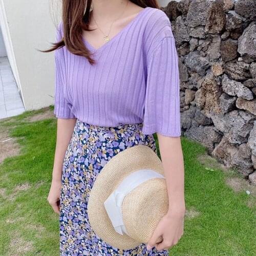 DAXIN Summer V-neck T-shirt Short-sleeved Ice Silk Thin Section Knitted Tops Female Loose Half-sleeved Casual Tops