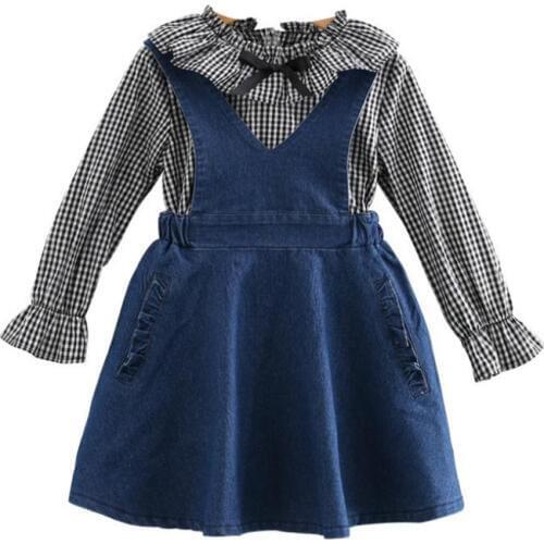 DFXD Little Girl Autumn Clothing Set 2018 Fashion England Style Long Sleeve Plaid Princess Shirt+Denim Blue Strap Dress 2pc 2-8Y