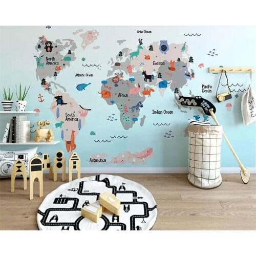 Beibehang Mural wallpaper hand drawn cartoon animal world map children room mural decoration background wall photo 3d wallpaper
