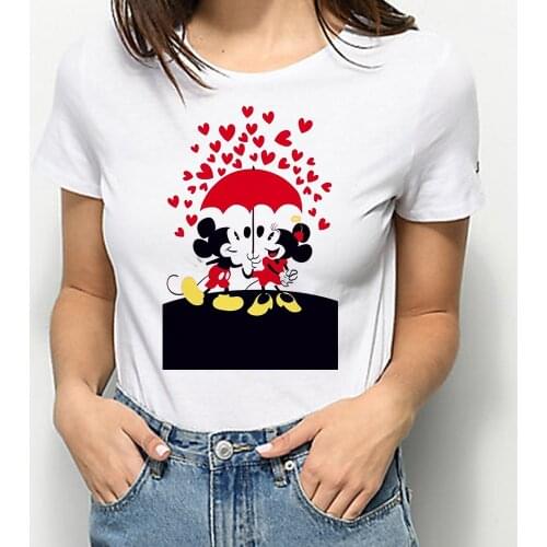 Harajuku T Shirt Women Fashion Mickey Minnie Holding An Umbrella In The Rain of Love Printed Unisex T-Shirts Casual TShirt Tops