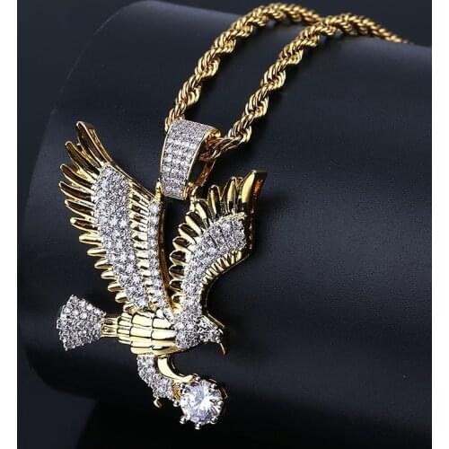Hip Hop Micro Paved AAA+ Cubic Zirconia Iced Out Bling Gold Falcon Hawk Eagle Pendants Necklace for Men Rapper Jewelry