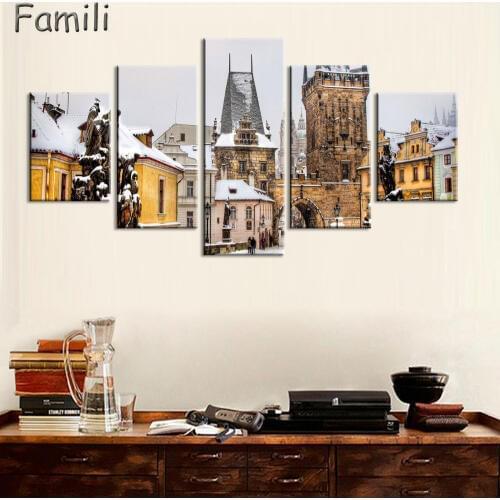 5Pcs/set High Spray Printed Art Lake View Painting Picture Beautiful Scenery Wall Pictures Building Home Art Decoration