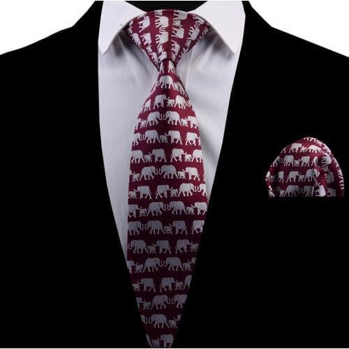 Ricnais New Design Classic Men Tie Elephant Pattern Necktie Silk Red Tie and Pocket Square Party Wedding Handkerchief Set