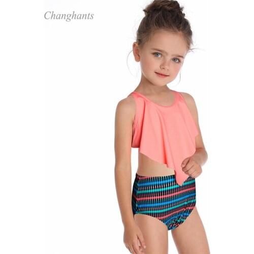 New Model Girls Bikini Set Orange & Stripe Two Piece Swimwear Kids Bathing Suits Child Sandy Beachwear Baby Swimming Pool