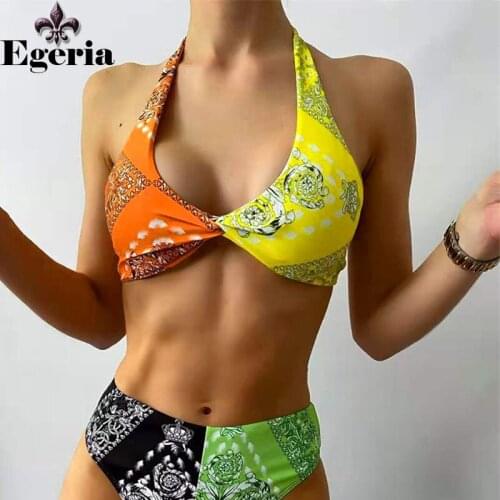 Custom logo label tag print patchwork swimwear women 2021 high waisted swimsuit womens designer beach wear