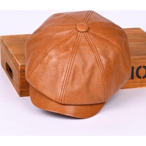 Fashion Male Leather Gastby Hat Men Octagonal Beret Autumn Winter British Caps Retro Sheepskin Newsboy Boina Painter Gorras