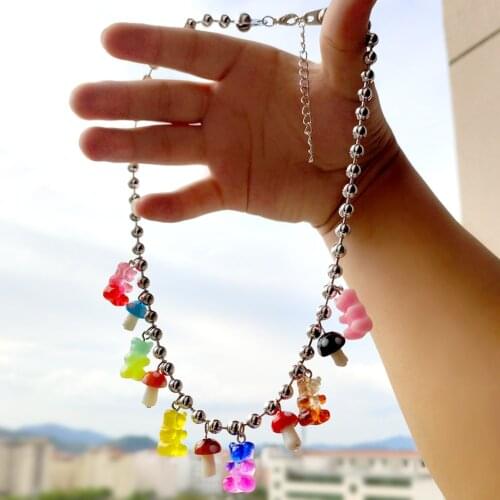 Y2K Candy Gummy Bear Mushroom Pendants Metal Necklaces Silver Color Stainless steel Ball Link Chain Necklace Girls Gifts Jewelry