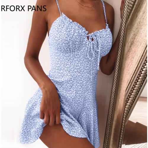 Women Sweet Cute Pajamas Print Floral Printed Mini Dress Spaghetti Strap Vintage Dress Summer Dress