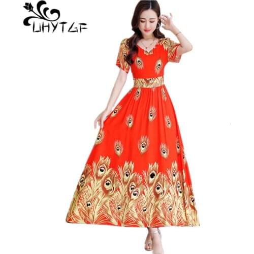 UHYTGF Elegant Mother Summer Dress Short Sleeve Printed Cotton Silk Casual Women Long Dresses Big Swing 4XL Plus Size Dress 1422