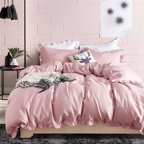 Romantic Pink Bedding Set Elegant Ruffle Edge Duvet Cover Bed Linen Quilt Twin Queen King Wedding Decoration