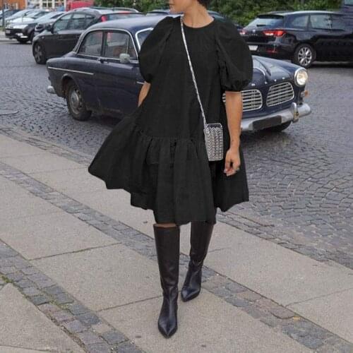 VONDA Fashion Solid Sundress Spring Women Puff Sleeve Long Sleeve Vestidos Loose Casual Party Dress Vestidos Robe