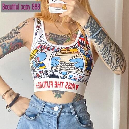 Meqeiss Sports Casual stretch Slim Tank Top Women Sleeveless cartoon pattern Crop Top Harajuku camisole fashion Streetwear mujer