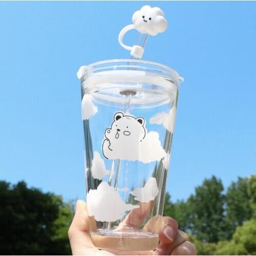480ml Glass Water Bottle with Straw Cartoon Clouds Straw Cup Leakproof Portable Drinking Bottle with a Sealing Cap Lid