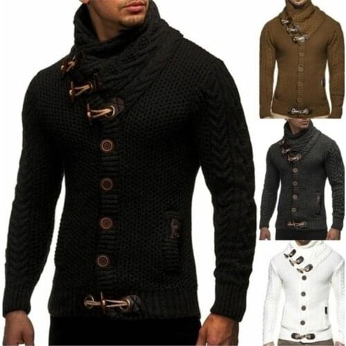Men Knitted Sweaters 2021 Autumn Winter Turtleneck Sweater Horn Buttons Long Sleeve Pullovers Solid Color Streetwear