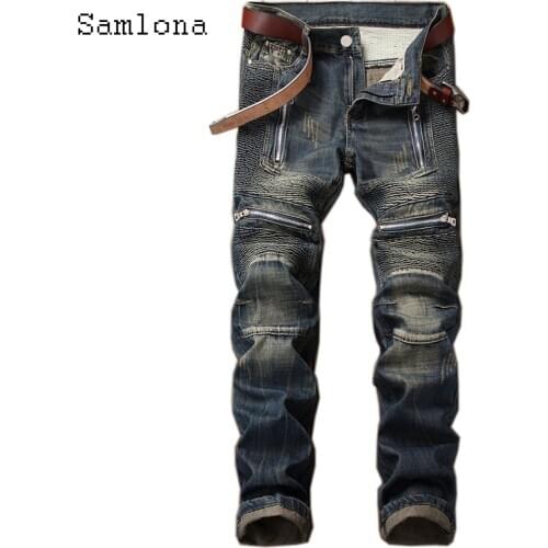 2020 Spring Autumn Mens Jean Demin Pants New Patchwork Zipper Pleated Skinny Jeans Trendy Motorcycle Straight Denim Trousers