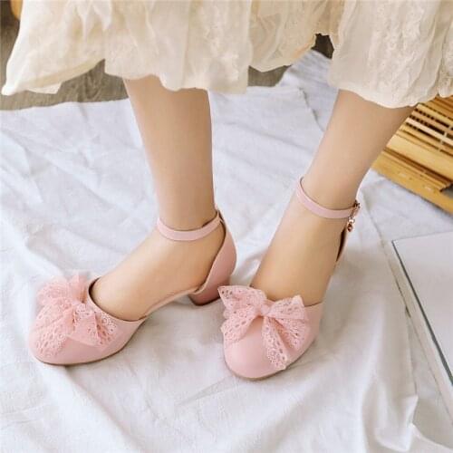 YQBTDL Summer White Wedding Bridal Shoes Chunky Heels Pink Cute Bowtie Riband Low Heel Pumps Princess Lolita Party Ladies Shoes