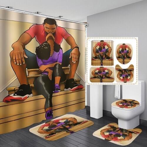 Afro Man Girl Kiss Bathroom Curtains Set Africa American Shower Curtain Non-Slip Rugs Toilet Lid Cover and Bath Mat Carpet